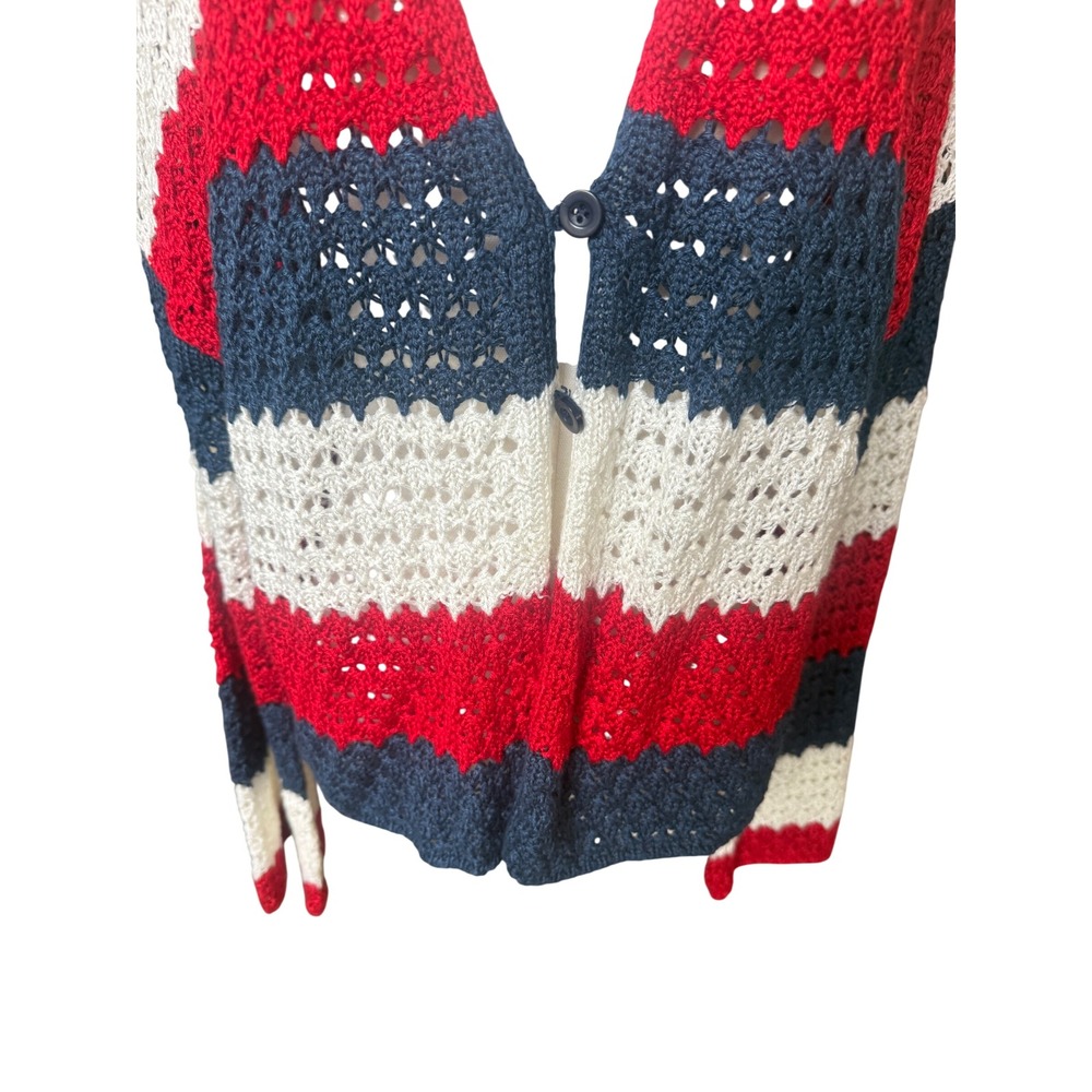 Crochet‎ Fourth of July Open Knit Cardigan Sweater XL Red White Blue Striped - Picture 4 of 11